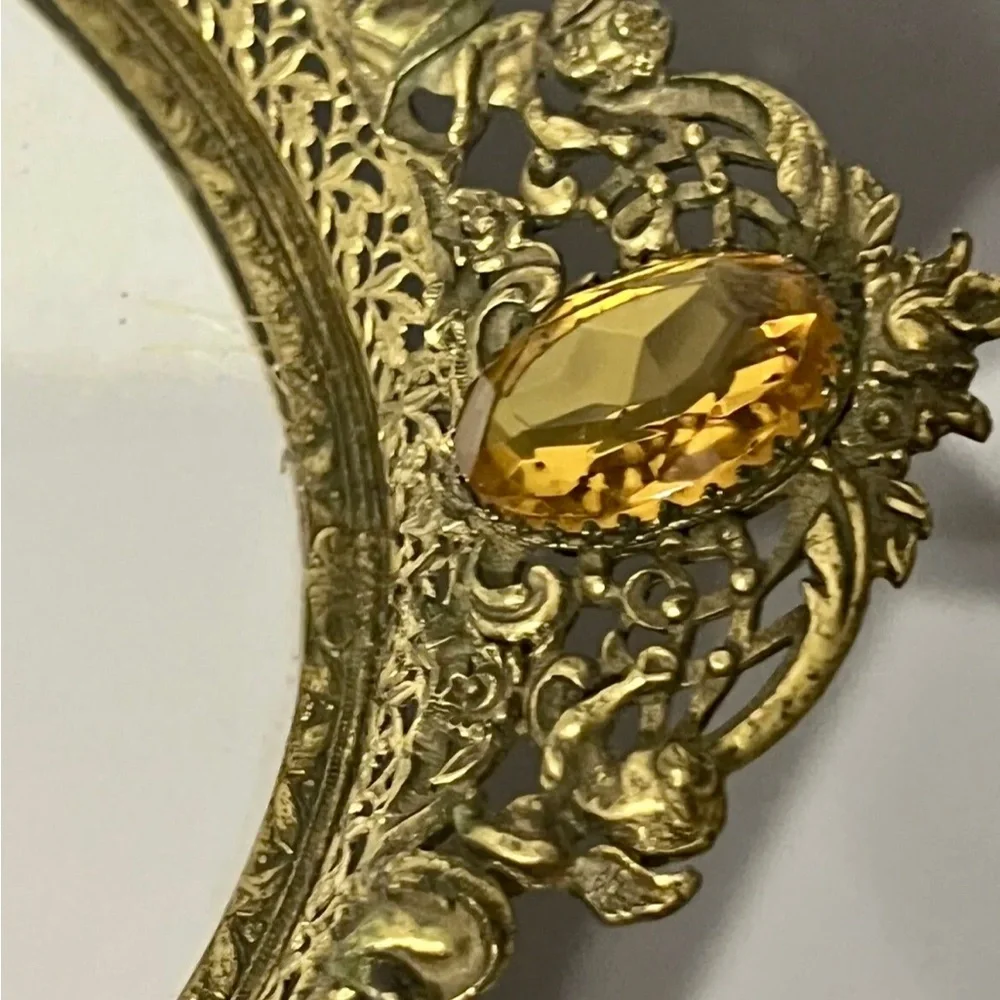 Vtg Gold Ornate Mirror Vanity Tray W/Cherubs & Lg Two Yellow Jewels Velvet Back